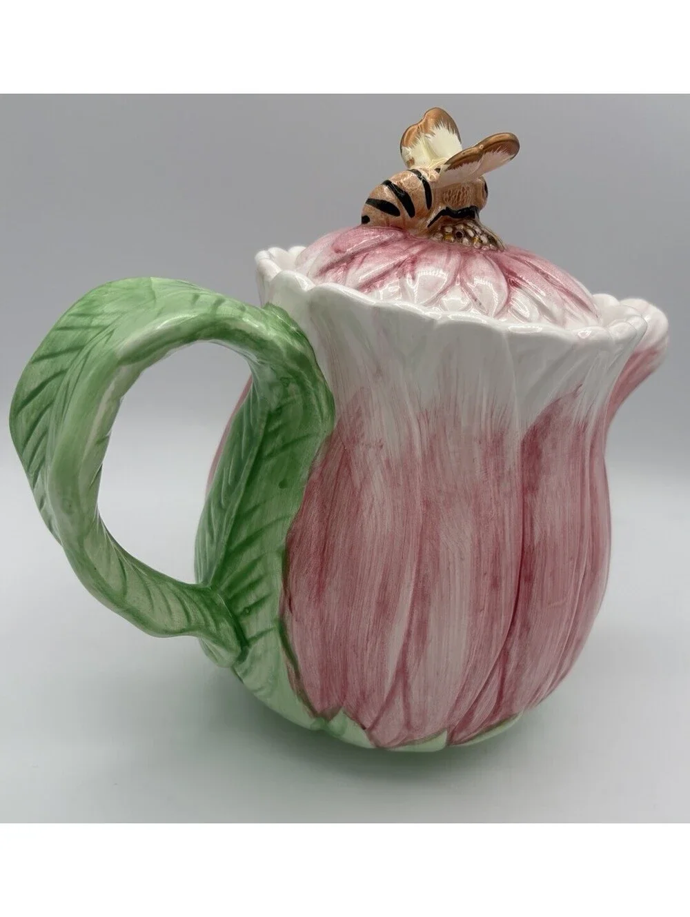 Vintage The Bombay Company Pink Gerber Daisy Teapot with Bumble Bee Lid